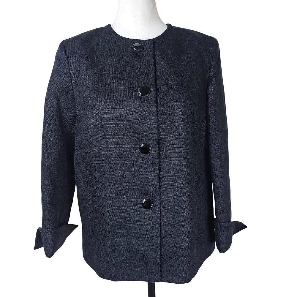 Talbots Linen Button-Up Jacket 10P Black Lined Split Cuff Pockets Office Coastal